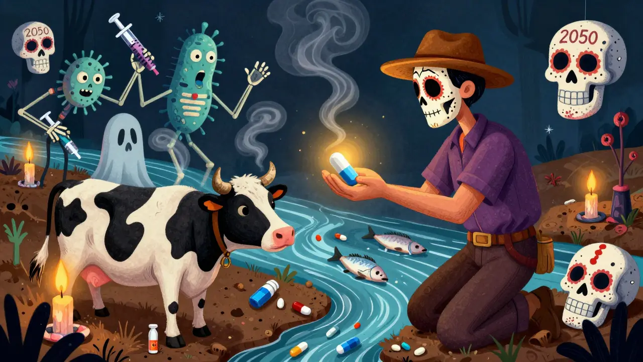 A farmer gives an antibiotic pill to a cow as resistant bacteria rise from the soil, with ghostly figures and pill bottles in the river.