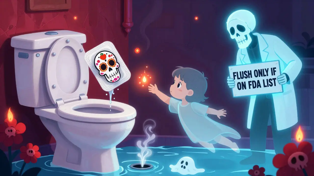 A folded fentanyl patch is flushed into a toilet with sugar skull decorations, guarded by a skeletal figure.