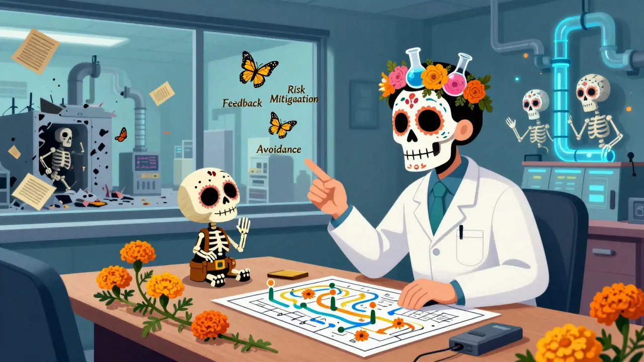 A friendly FDA inspector guides a small manufacturer through a cleanroom blueprint, with golden butterflies symbolizing proactive compliance and feedback.