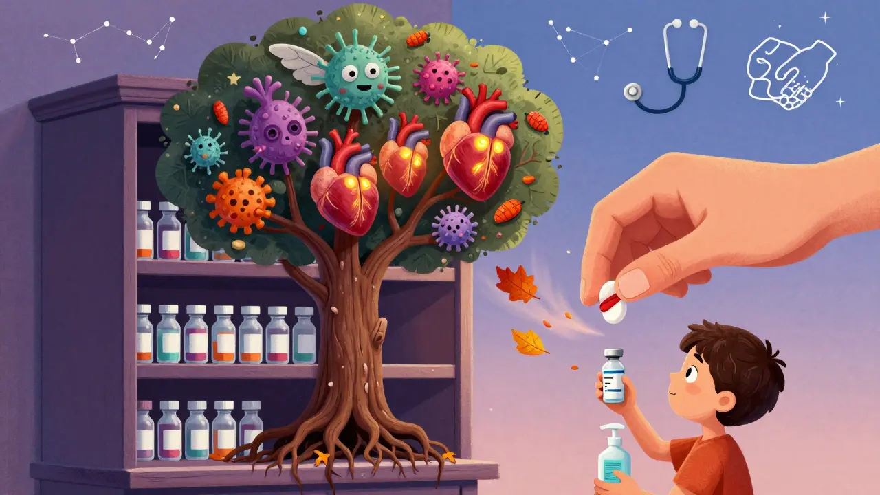A hand puts a pill in a cabinet as a tree of resistant bacteria grows from it, with a child holding soap and a vaccine below.
