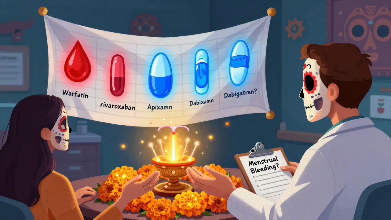 A medical chart showing dangerous vs. safer blood thinners, with an IUD glowing as a healing symbol, while a doctor ignores the issue.