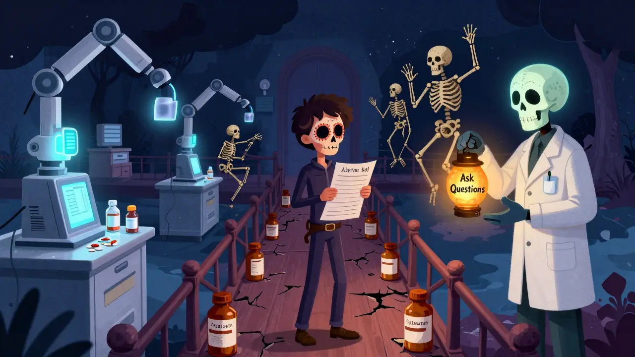 A person stands before a bridge between safe hospital systems and chaotic pharmacy errors, holding a medication list as a skull offers a lantern.