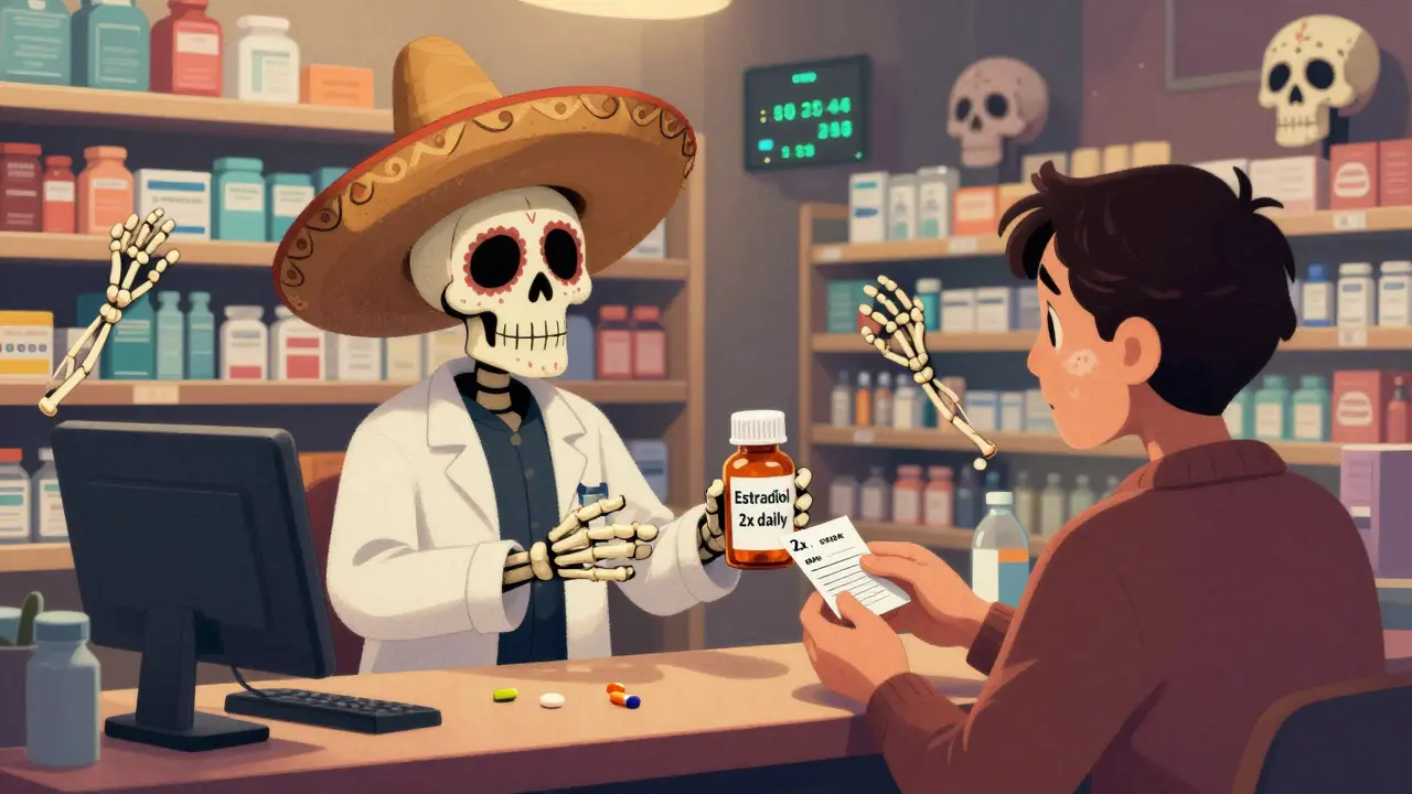 A skeleton pharmacist hands a mislabeled pill bottle to a confused customer in a busy pharmacy, sugar skulls glowing with error codes.