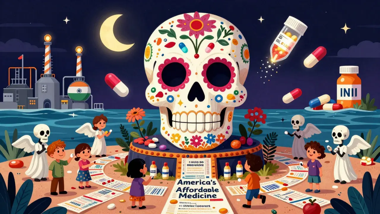 A sugar-skull monument labeled 'America’s Affordable Medicine' with patients receiving pills, and global factories sending capsules across oceans under a pill-bottle moon.