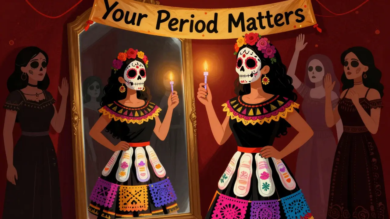 A woman in a skirt made of menstrual pads, holding an IUD like a talisman, surrounded by supportive ghostly figures in a Day of the Dead style.