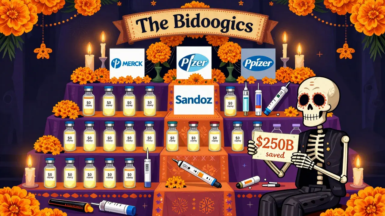 An altar honors expired biologics, replaced by glowing biosimilars with '<h2>Therapeutic Differences Matter</h2> copay' tags in Day of the Dead art style.