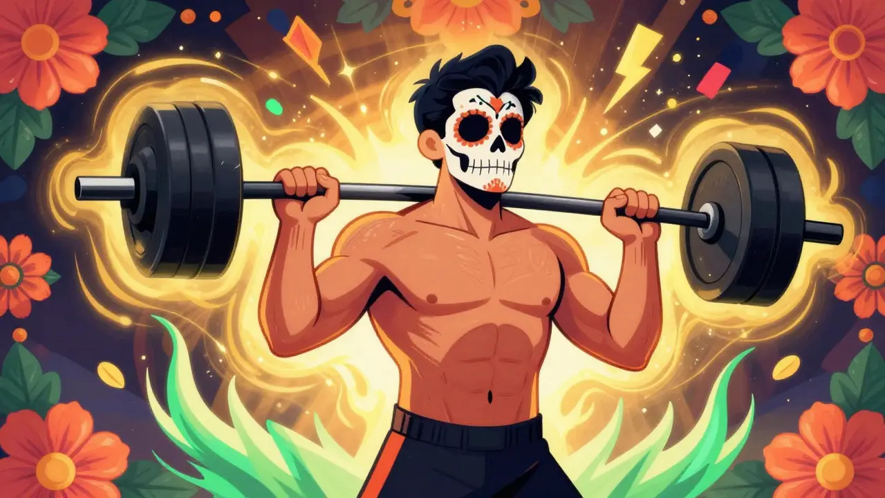 Energetic man lifting weights with vibrant floral background.