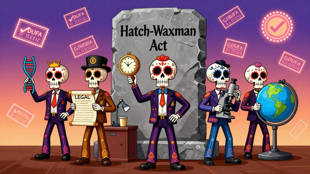 Five skeletal OGD team members in colorful uniforms, each representing a sub-office, standing before a stone tablet inscribed with 'Hatch-Waxman Act'.