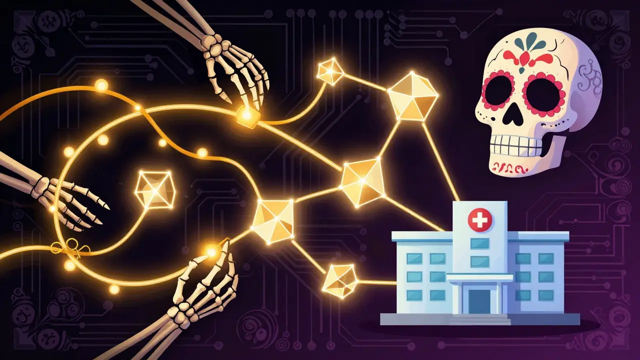 Glowing vines connect pharmacy inventory systems to hospital medical records digitally.