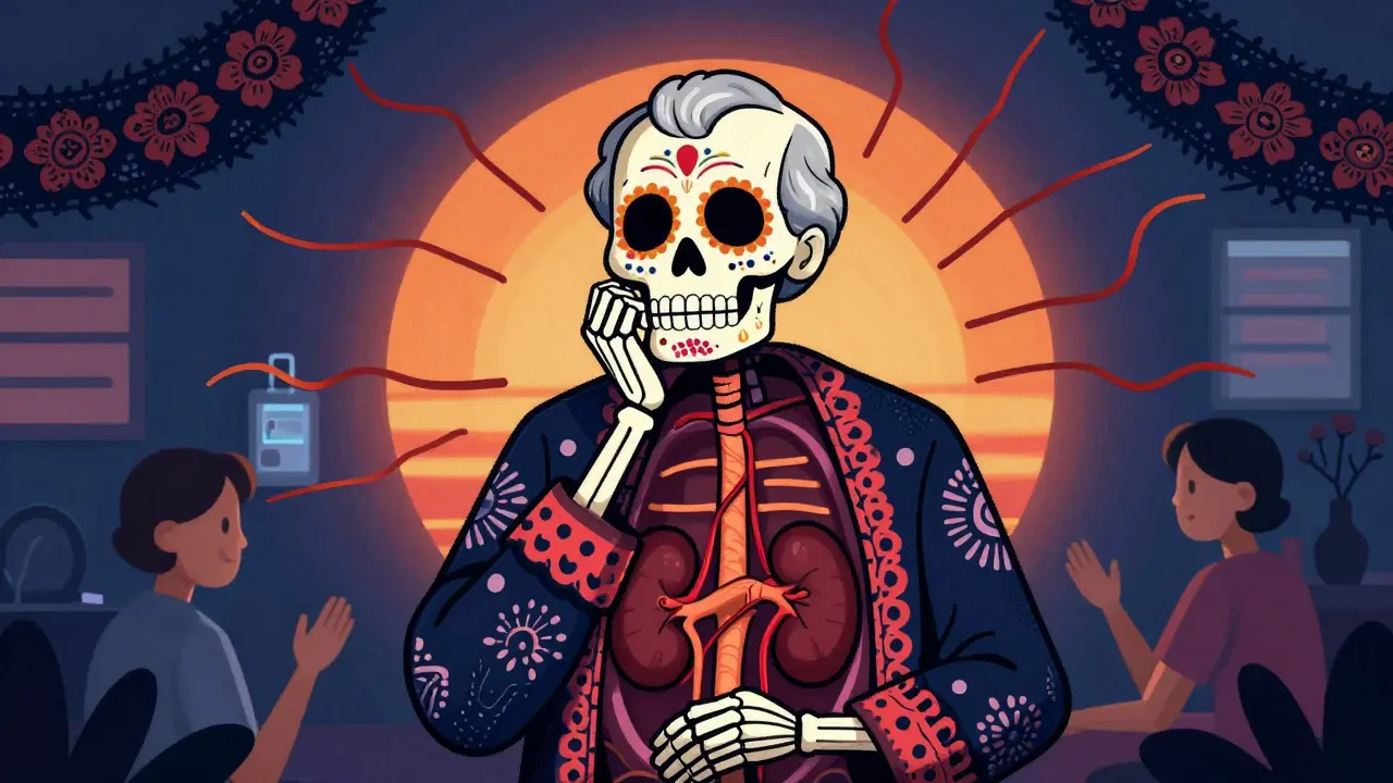 Skeleton over forty-five with visible kidney vessels and pain symptoms