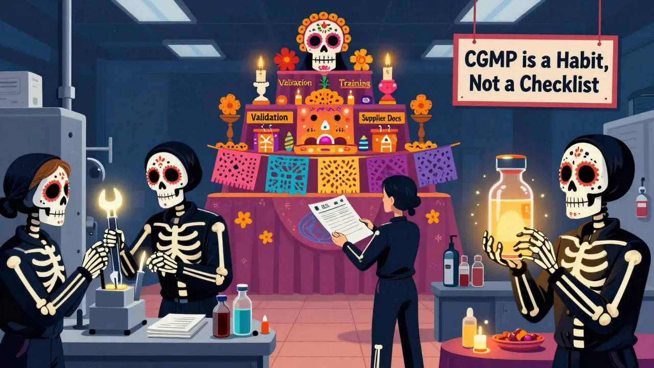 Skeleton workers in a clean drug manufacturing line follow procedures, with validation and training honored as glowing Day of the Dead offerings.