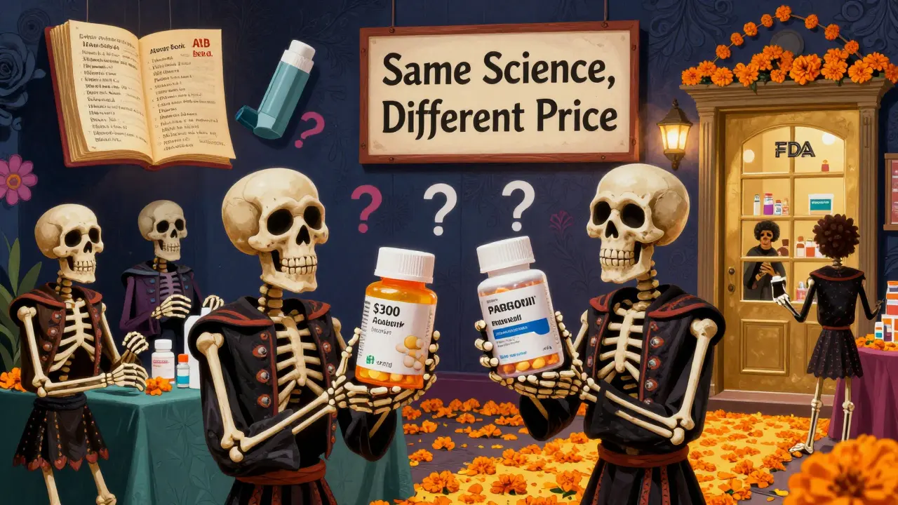 Skeletons shop for medicine in a Day of the Dead market, comparing cheap generic and expensive brand-name pills with identical cores.