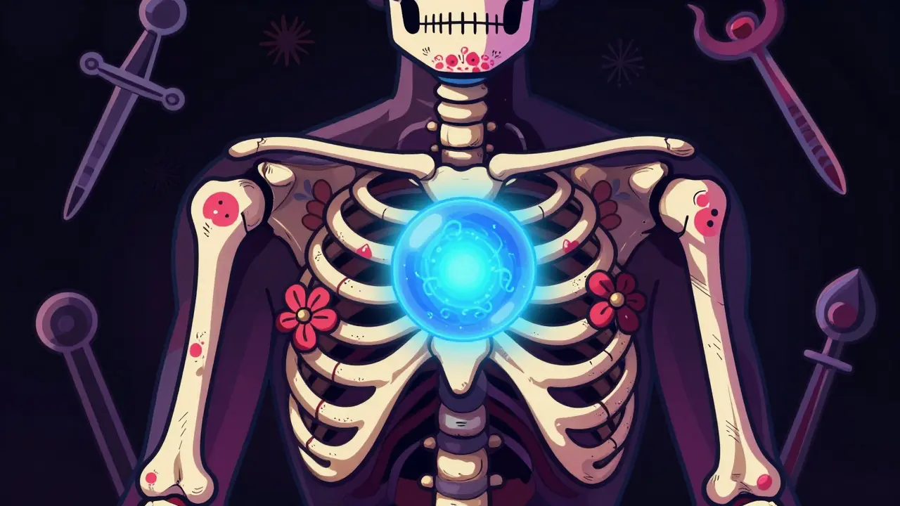 Stylized skeleton with glowing orb representing hormonal balance.