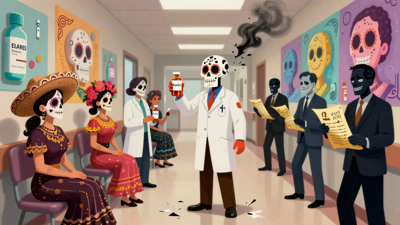 Sugar-skull pharmacists hand biosimilar vials to patients, while Big Pharma patents turn to ash in a colorful hospital hallway.