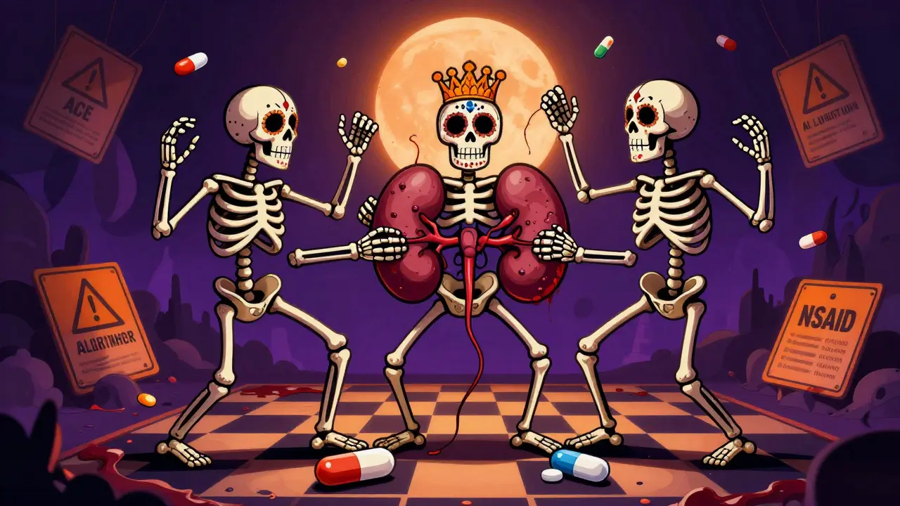 Three pharmaceutical pills as skeletal figures dancing around a crumbling kidney, surrounded by warning symbols in Day of the Dead style.