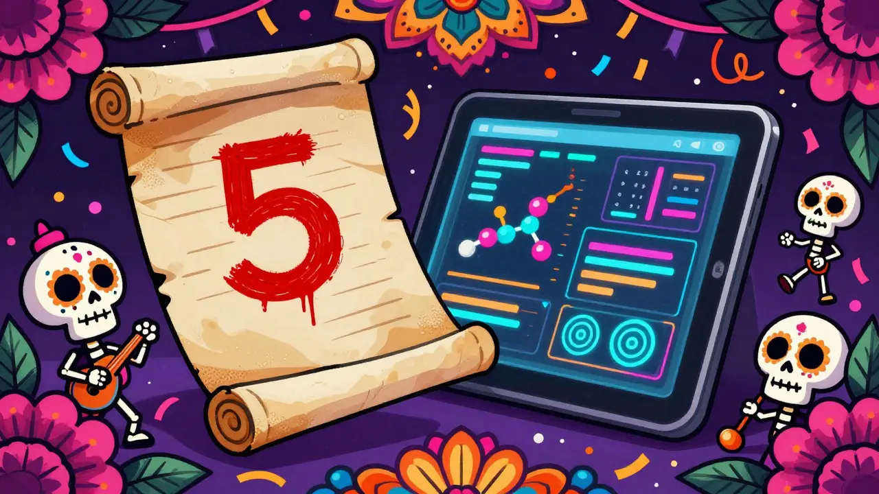 A celebration of data over old rules with colorful skeletons and a digital tablet in Day of the Dead style.