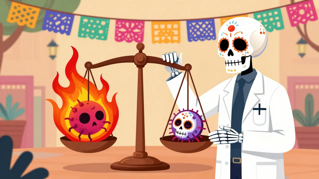 A skeletal doctor balancing autoimmune symptoms and cancer risk on a scale in Day of the Dead style.