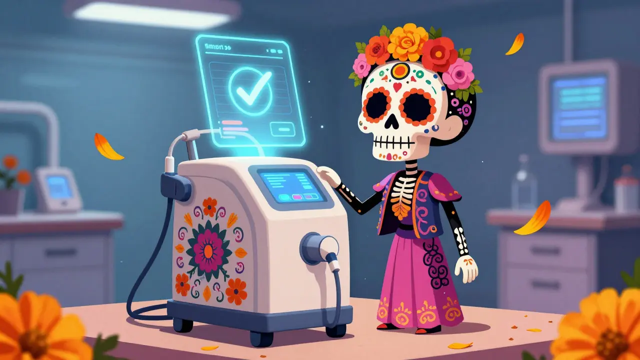 A smart infusion pump decorated with colorful Day of the Dead floral patterns and holograms.
