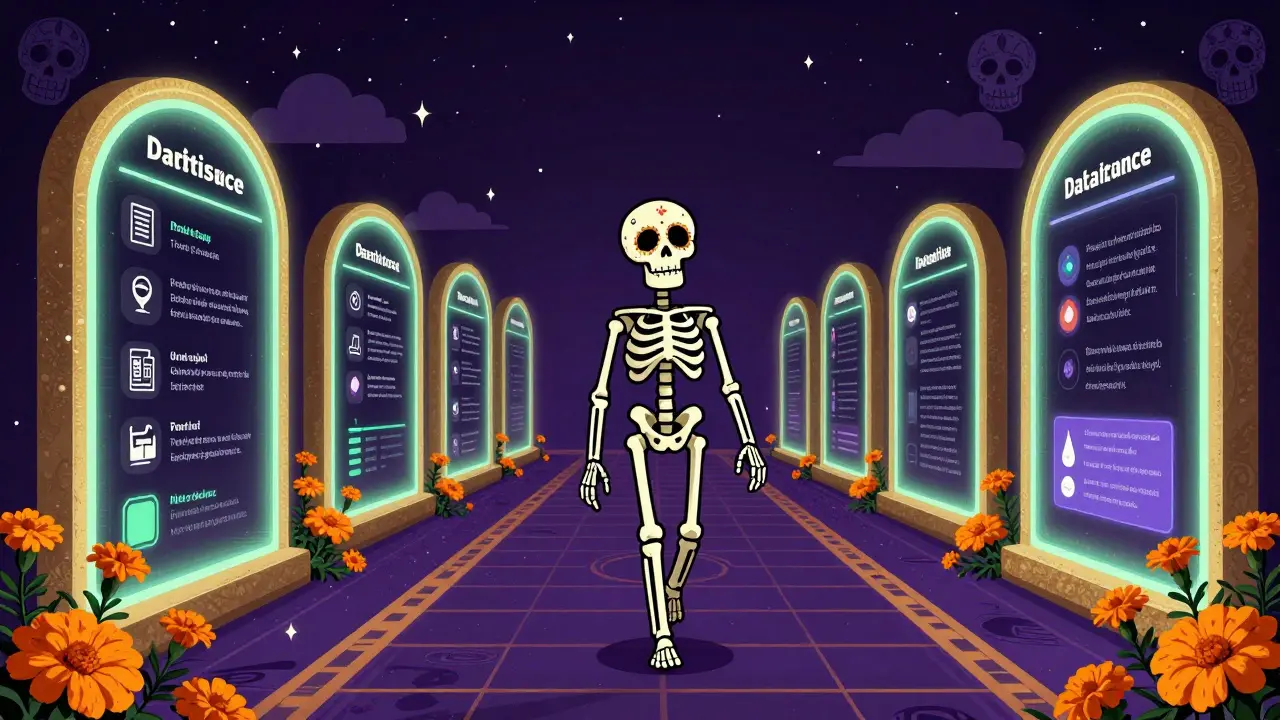 Animated skeleton approaching glowing database portals