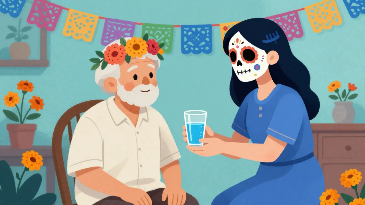 Caregiver giving a refreshing drink to a senior in a cool room decorated with Day of the Dead elements.