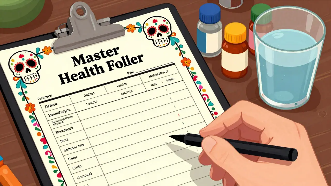 Detailed medication log and health folder decorated with Day of the Dead skulls and bright flowers.