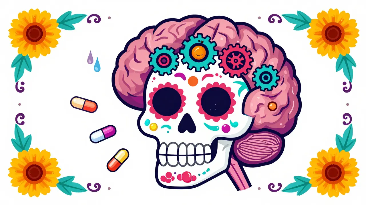 Folk-art illustration of a sugar skull brain showing the effect of medication on body temperature.