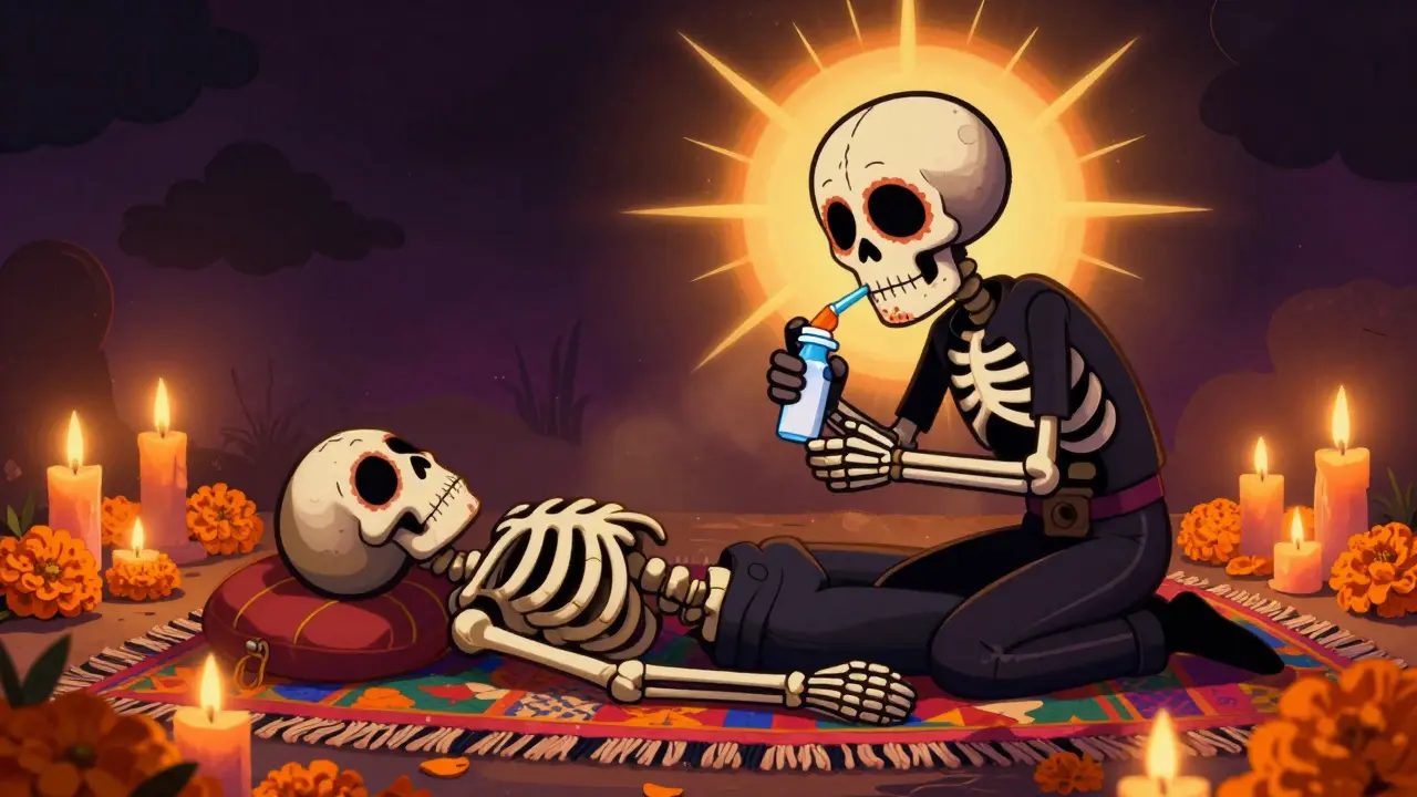 Skeletal figure administering Naloxone to another person in Day of the Dead style.