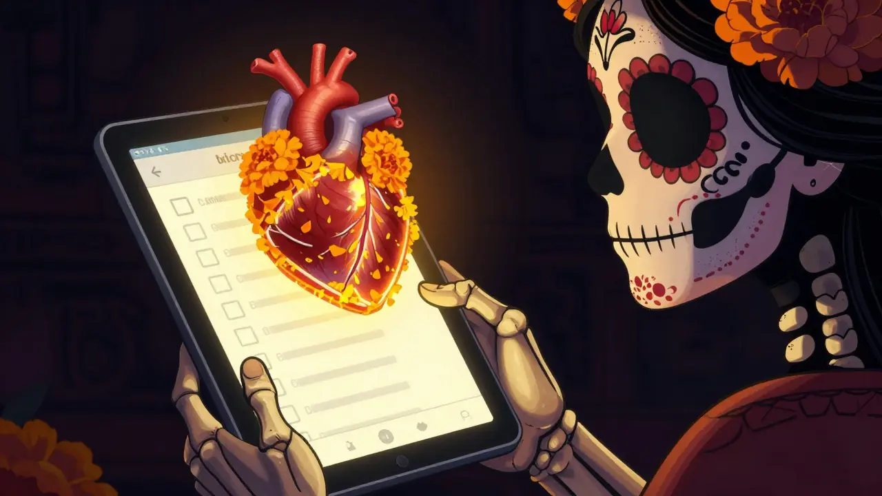 Skeleton checking tablet near protected heart symbol