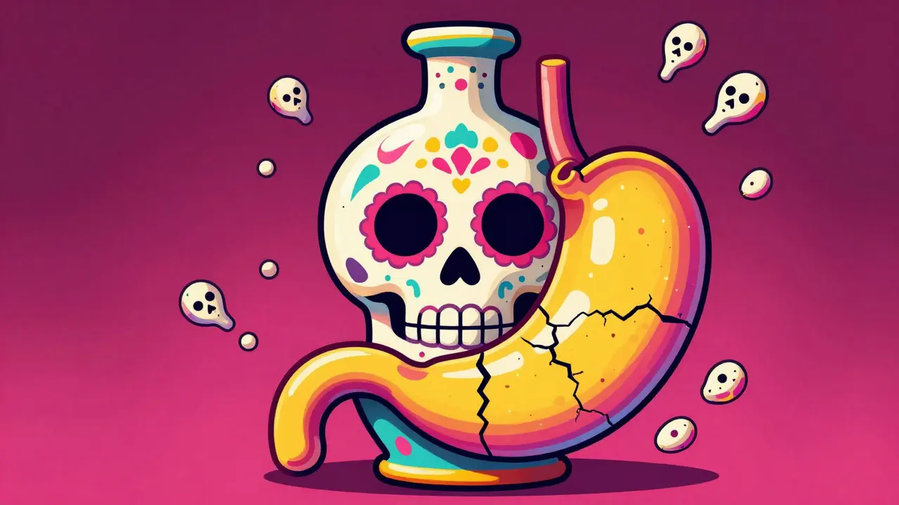 Stylized skeletal stomach as a cracked ceramic pot with drifting platelets.