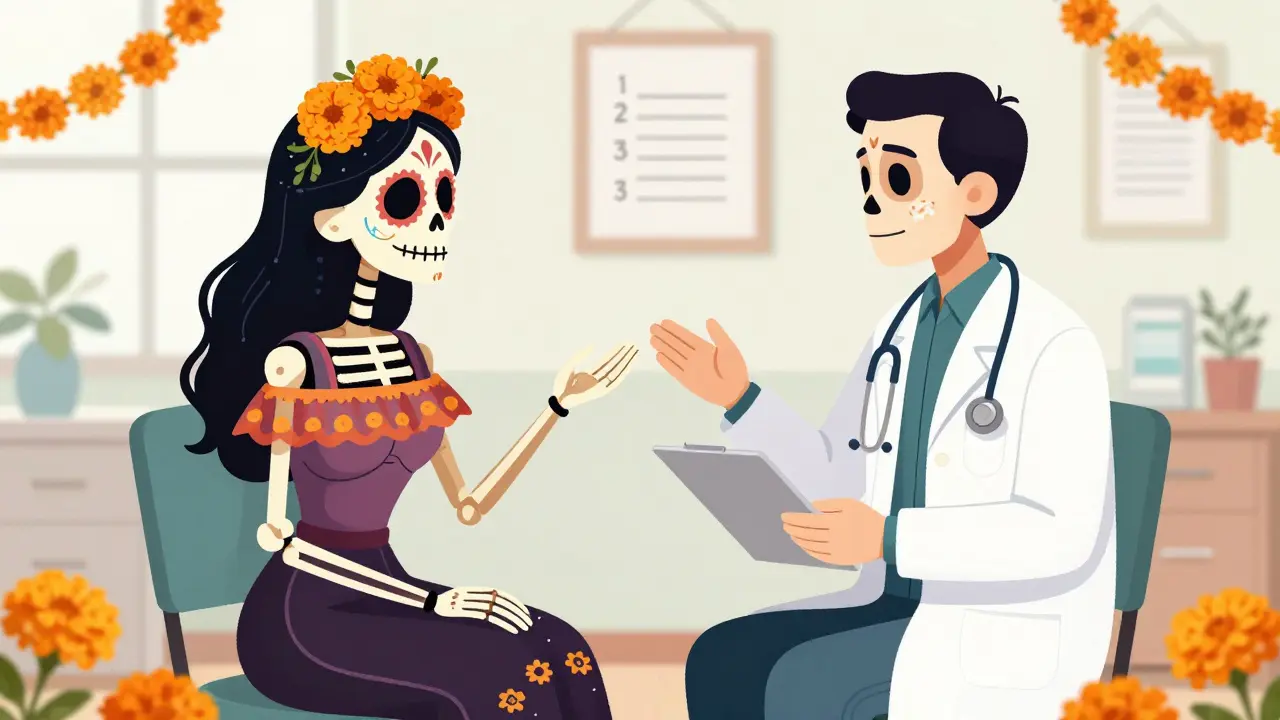 Stylized skeleton patient and doctor in traditional attire having a focused conversation in a sunny clinic.