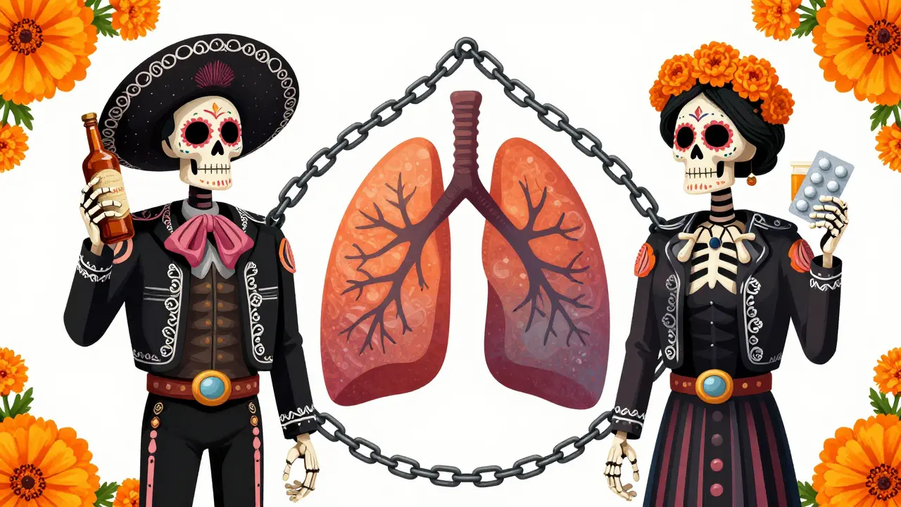 Three skeletal figures linked by chains around fading lungs in Day of the Dead style.