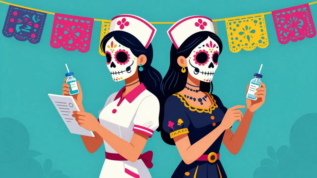 Two skeletal nurses in traditional dress performing separate medication checks back-to-back.